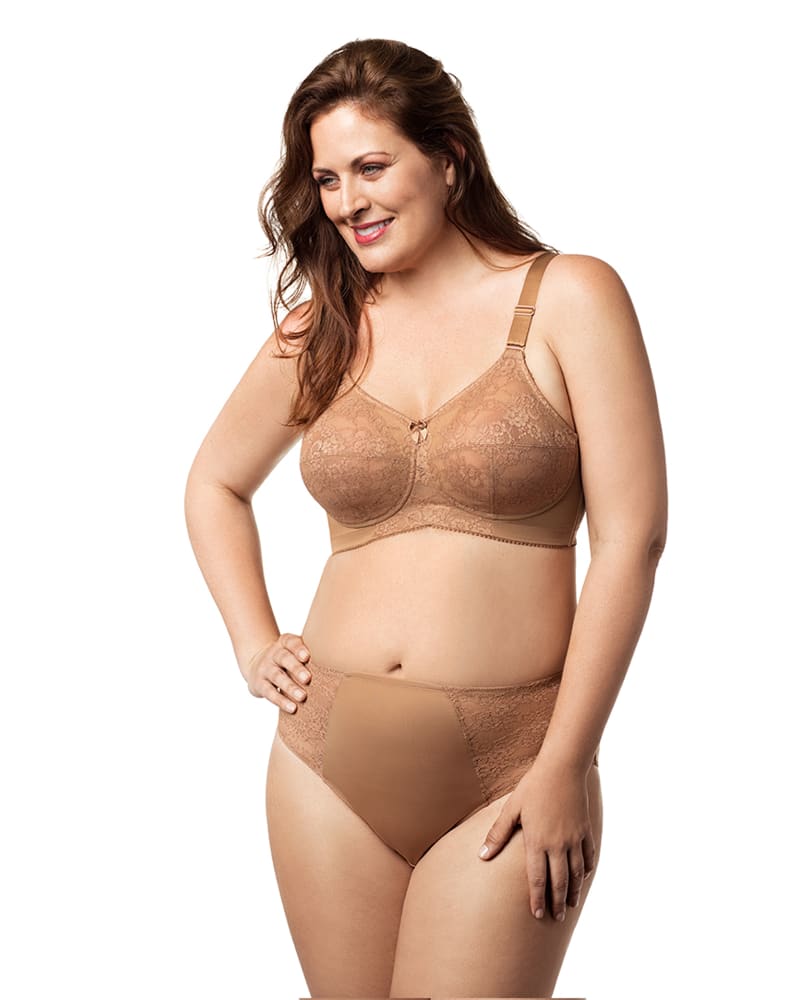 Front of a model wearing a size 44D Lace Softcup Bra in Mocha by Elila. | dia_product_style_image_id:322252